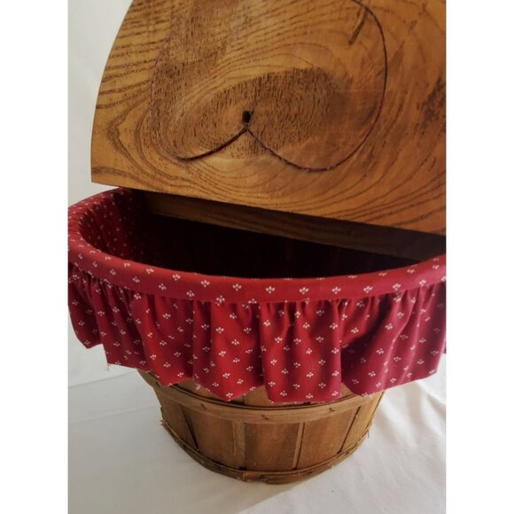 Vintage Wooden Sewing Basket Flip Top Heart Handle Fabric Liner Red RARE - Picture 7 of 12